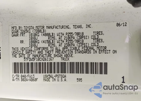 2012 Toyota Tundra Grade 5.7L V8 из США, поврежденный, VIN 5TFDW5F10CX261167